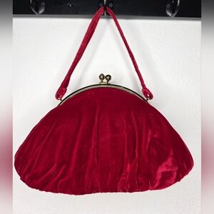 Vintage Red Velvet Clutch Evening Bag Kiss Lock Handbag w/ Coin Purse MCM Formal